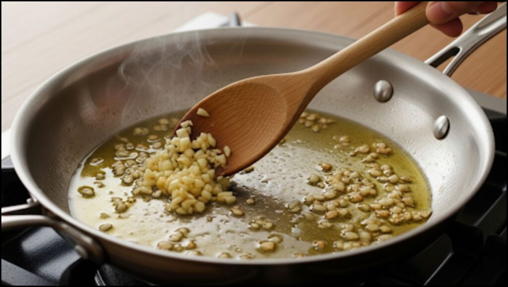 Minced garlic is being sautéed