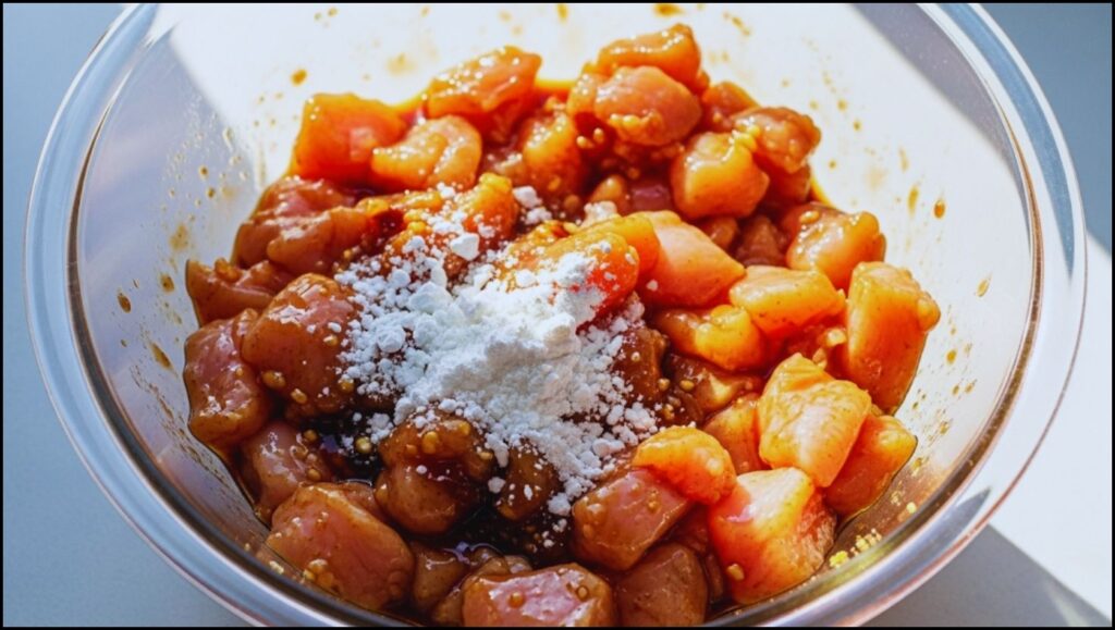 Mixing Chicken breast with cornstarch and soya sauce