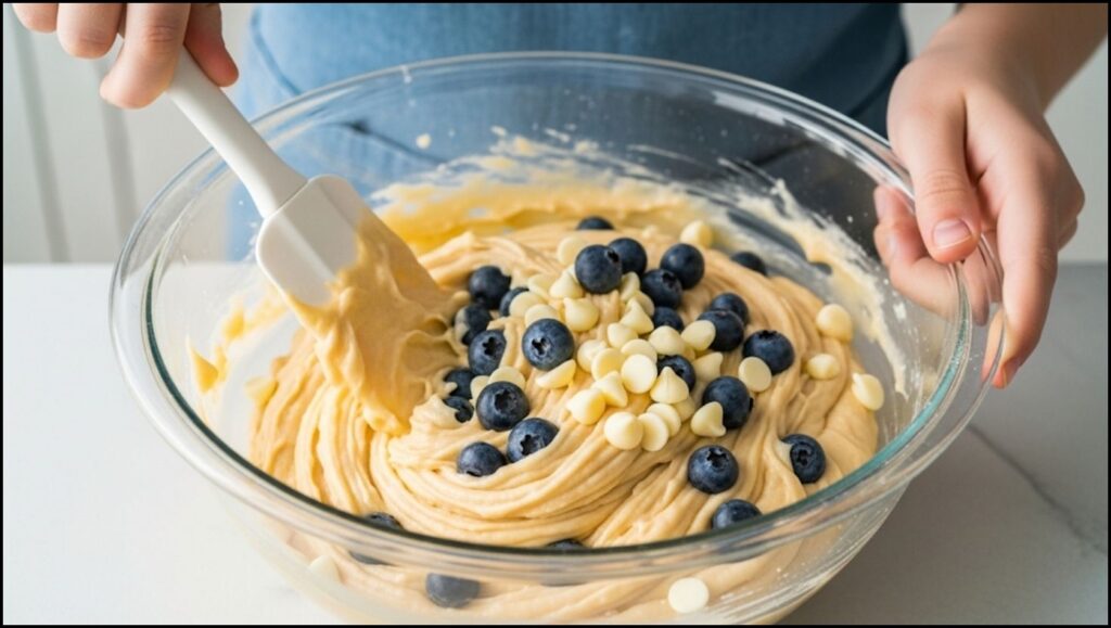 Muffin batter with blueberries and white chocolate chips