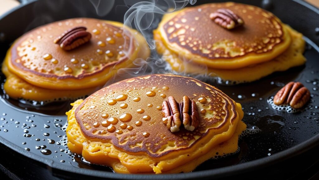 Pancakes cooking on a black griddle