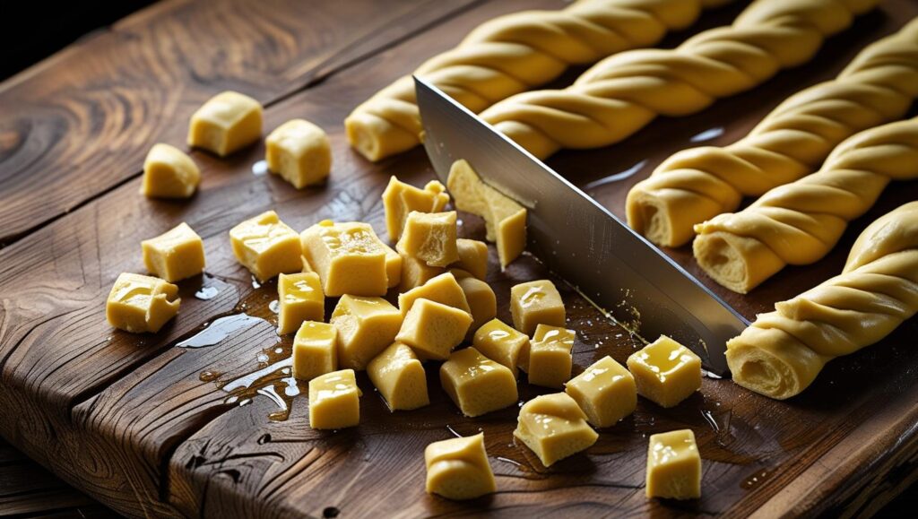 Pretzel dough being cut into small bite-sized pieces