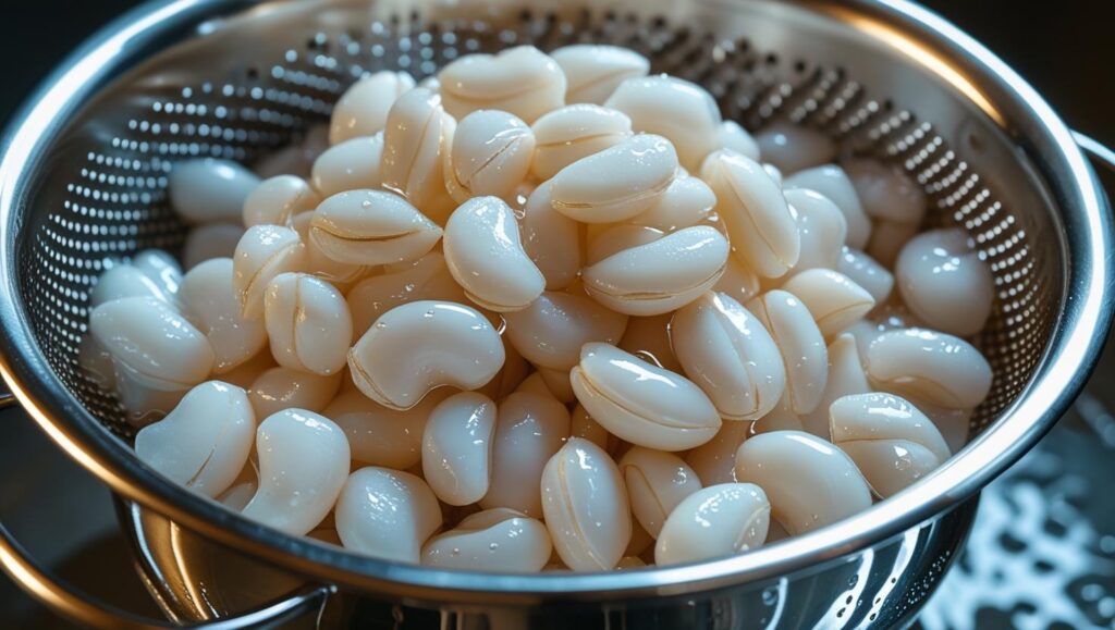 Rinsed white hominy in a metal colander