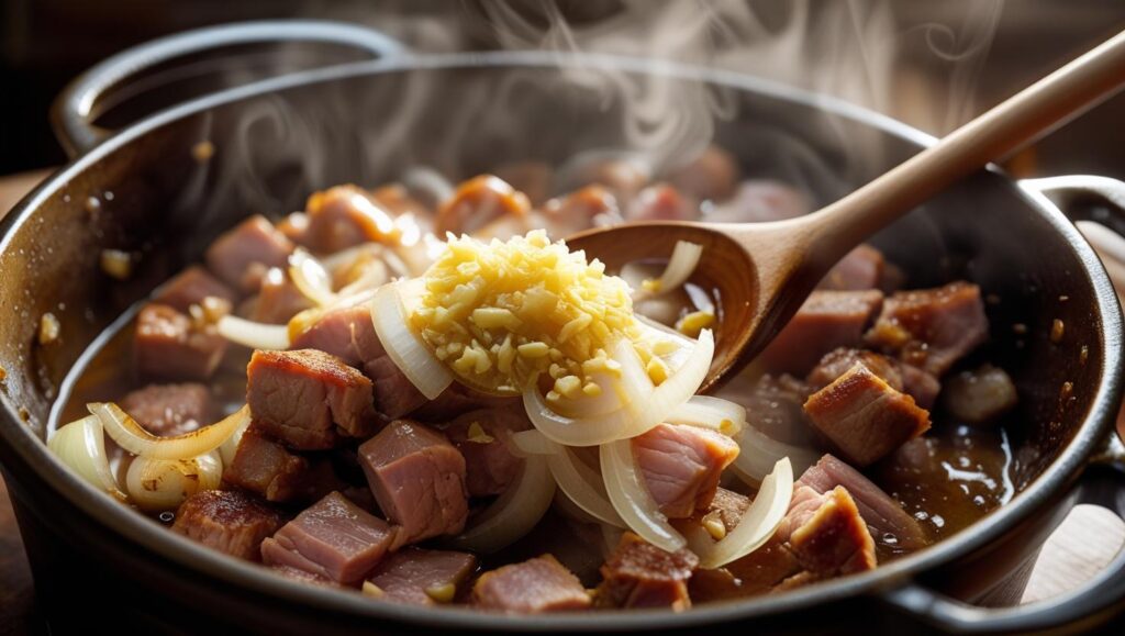 Sautéing onions and garlic with browned pork