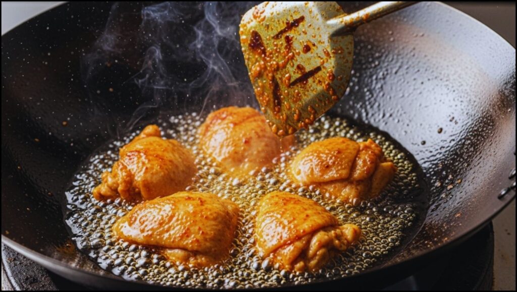 Searing the marinated chicken pieces