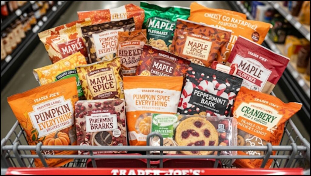 Shopping cart filled with various seasonal Trader Joe's