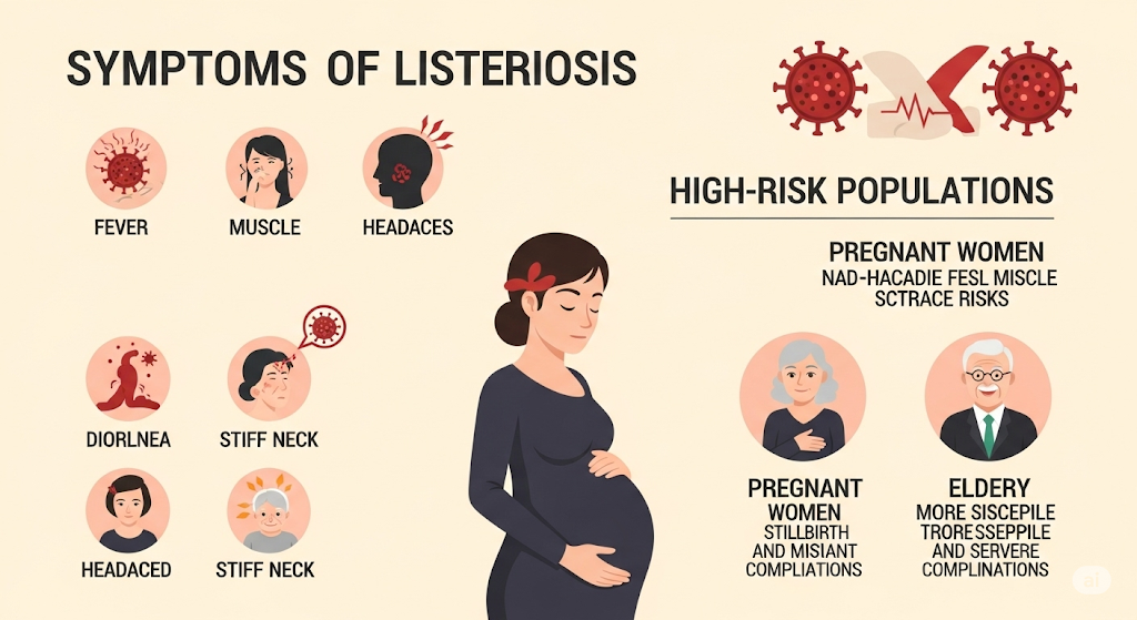 Symptoms of Listeriosis and highlighting the high-risk populations