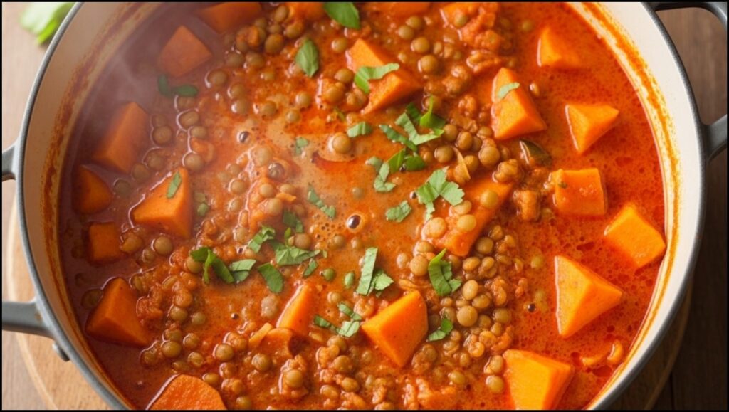 Thai sweet potatoes and lentils simmering