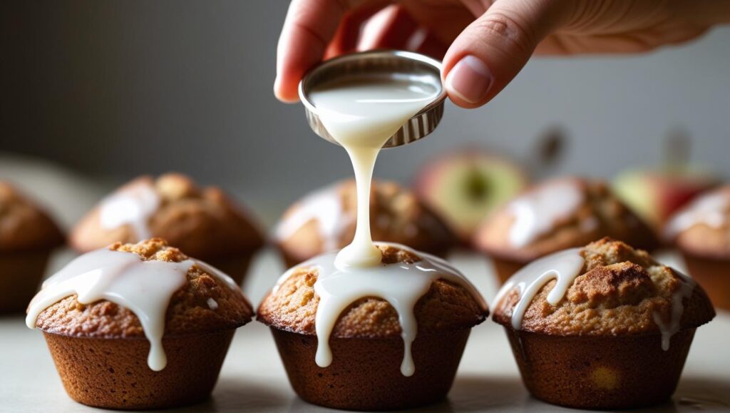 Thick vanilla glaze over a apple cinnamon muffins