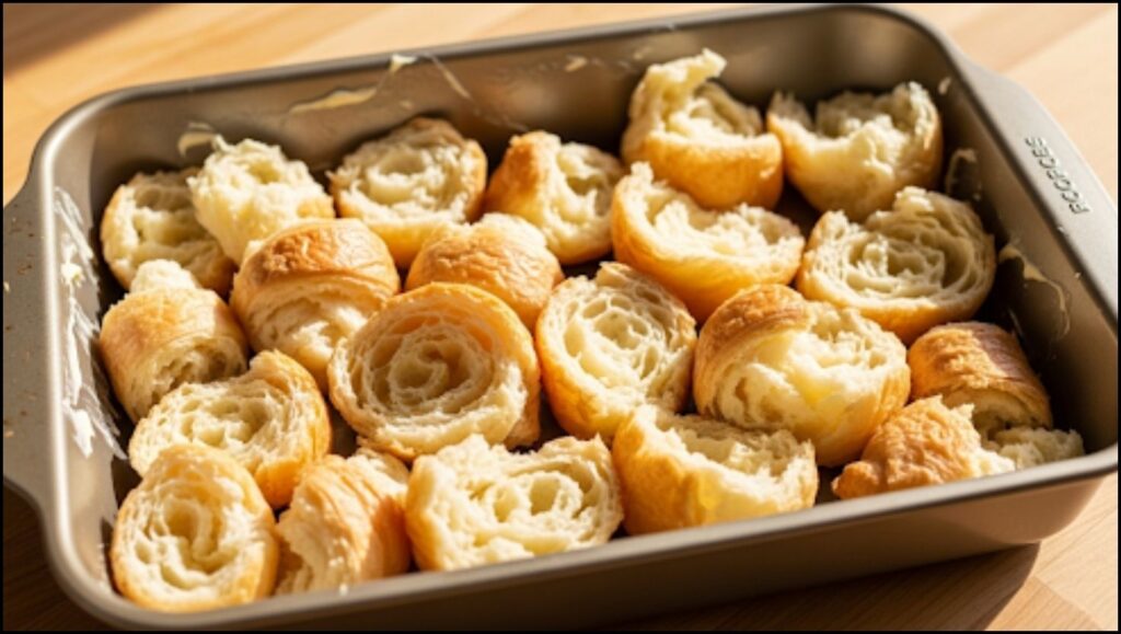 Torn pieces of stale croissants