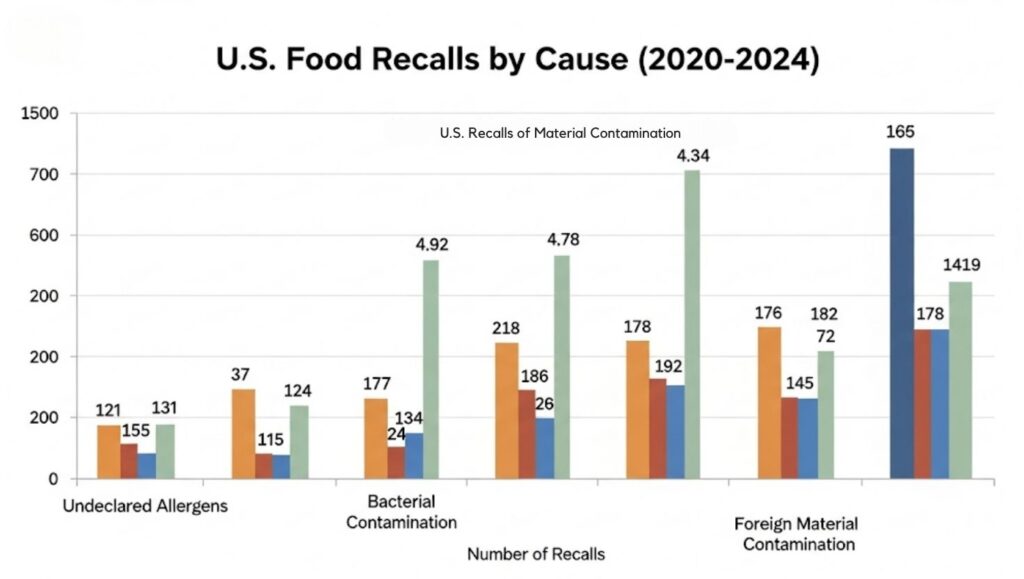 U.S. food recalls by contaminant type from 2020-2024