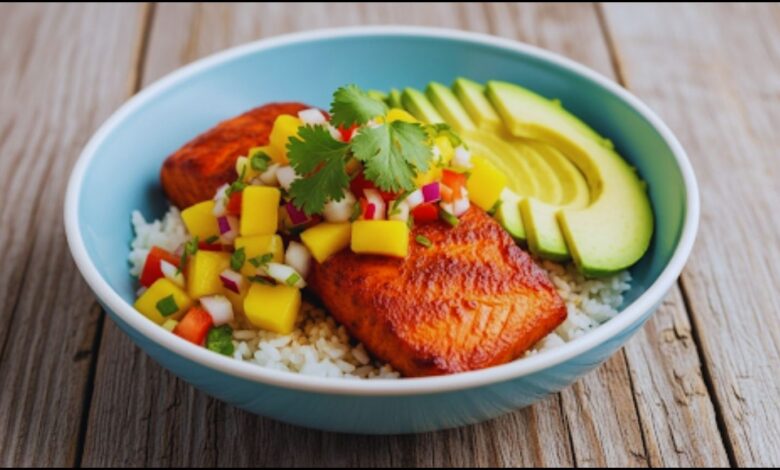 Caribbean Jerk Salmon Bowl with Homemade Mango Salsa
