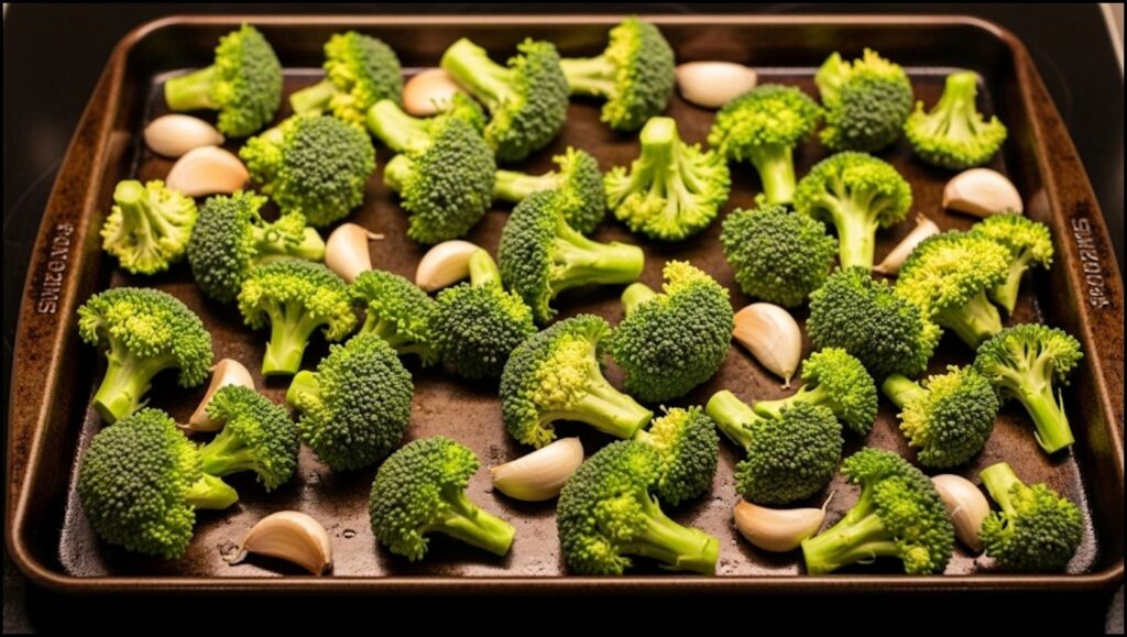 chopped broccoli and unpeeled garlic cloves