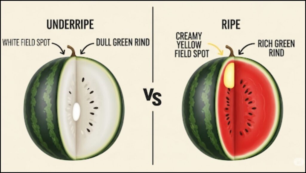 comparing an underripe and ripe watermelon