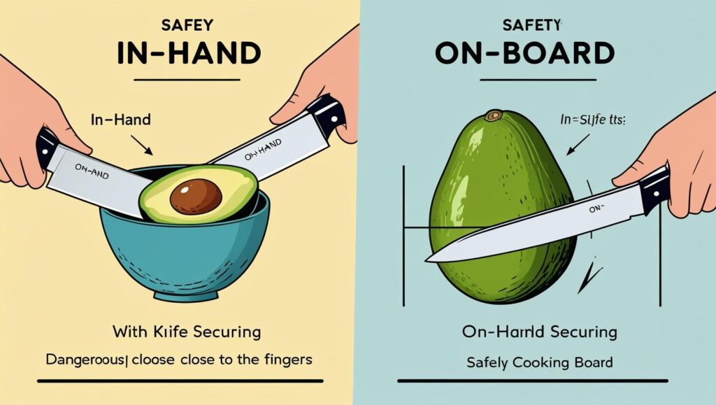'in-hand' method of cutting an avocado with the safe 'on-board' avocado slicing technique