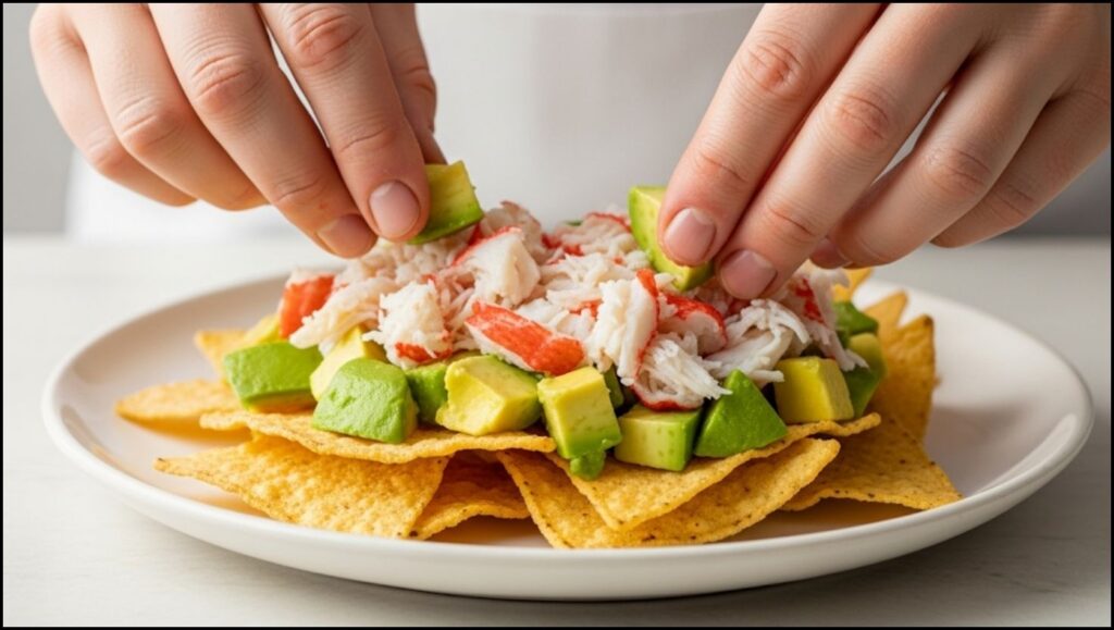 layering ingredients onto tortilla chips