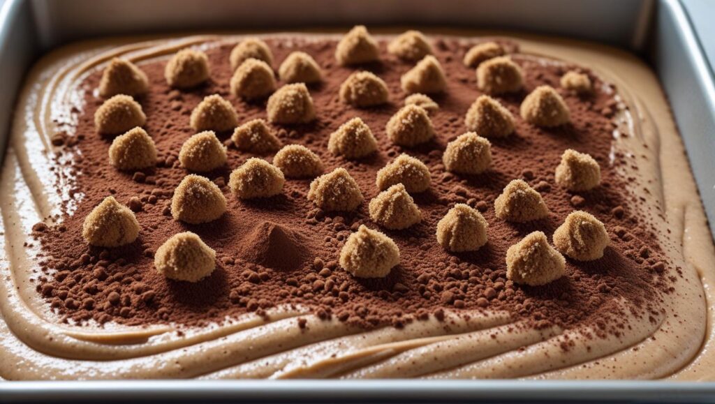 light brown cake batter with a darker brown mixture of cocoa and brown sugar over the top