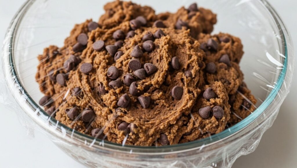 malted chocolate chip cookie dough covered with plastic wrap