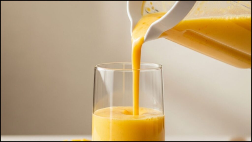 mango lassi being poured
