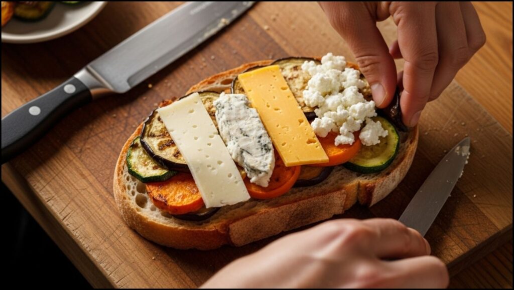 roasted vegetables and cheeses onto a slice of bread
