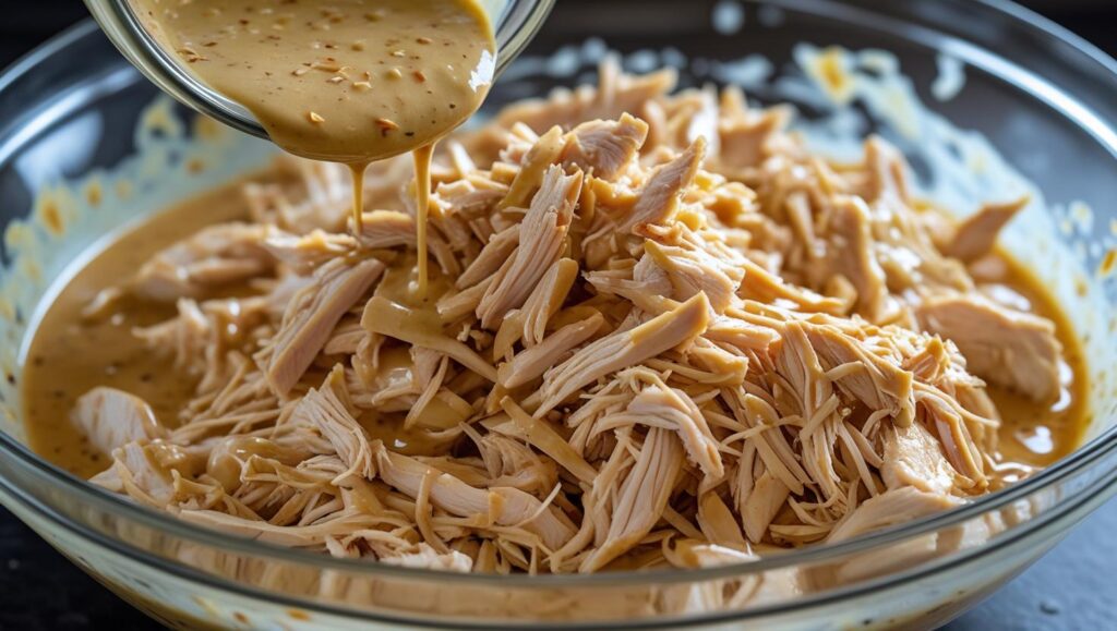 shredded chicken being tossed