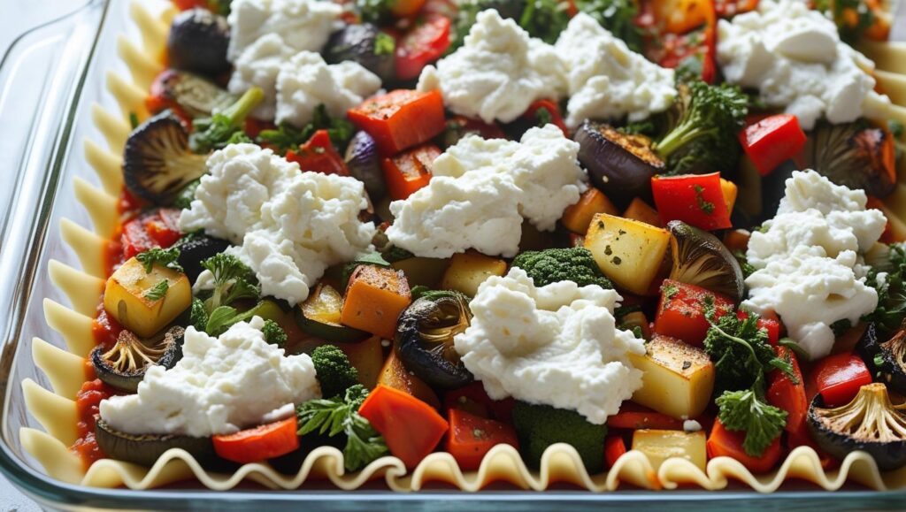 skinny veggie lasagna in a glass baking dish