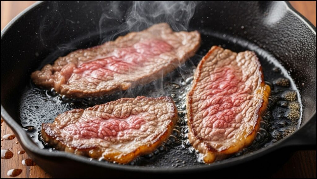 slices of beef searing