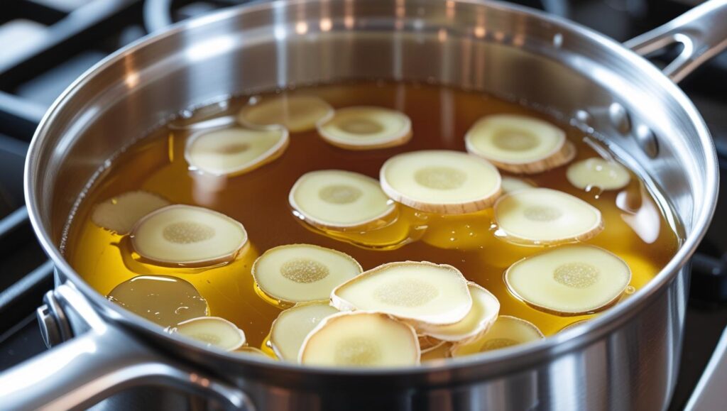 slices of fresh ginger simmering in a clear syrup