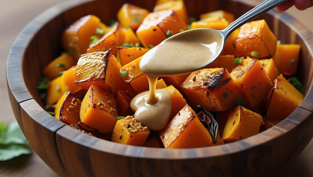 spicy-sweet squash bowl with a creamy tahini sauce