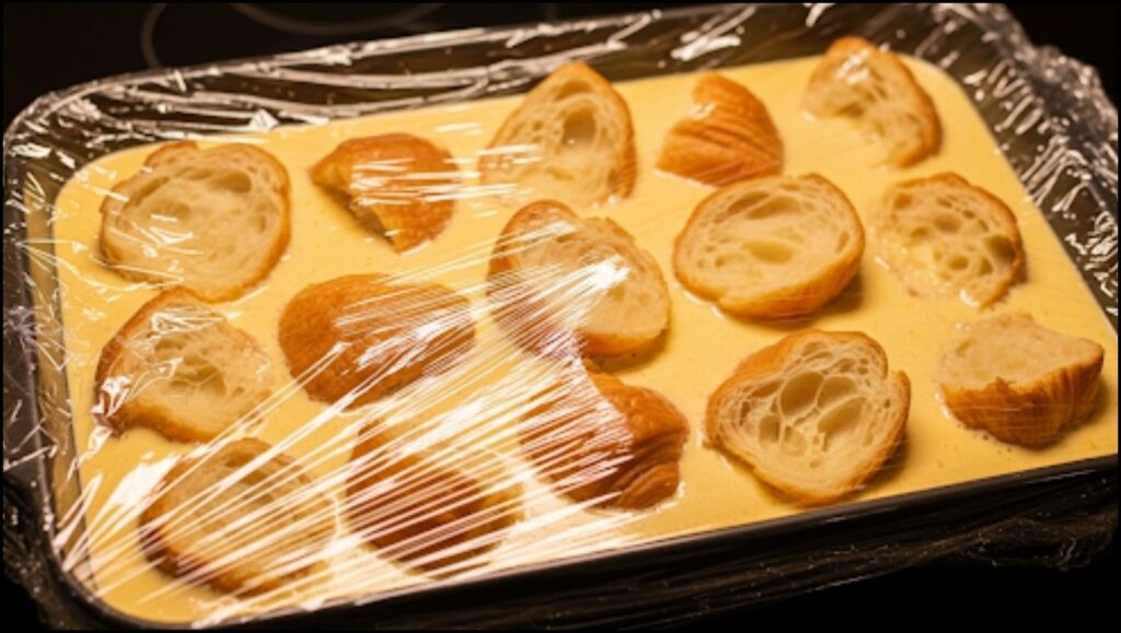 torn croissants soaking in the egg custard