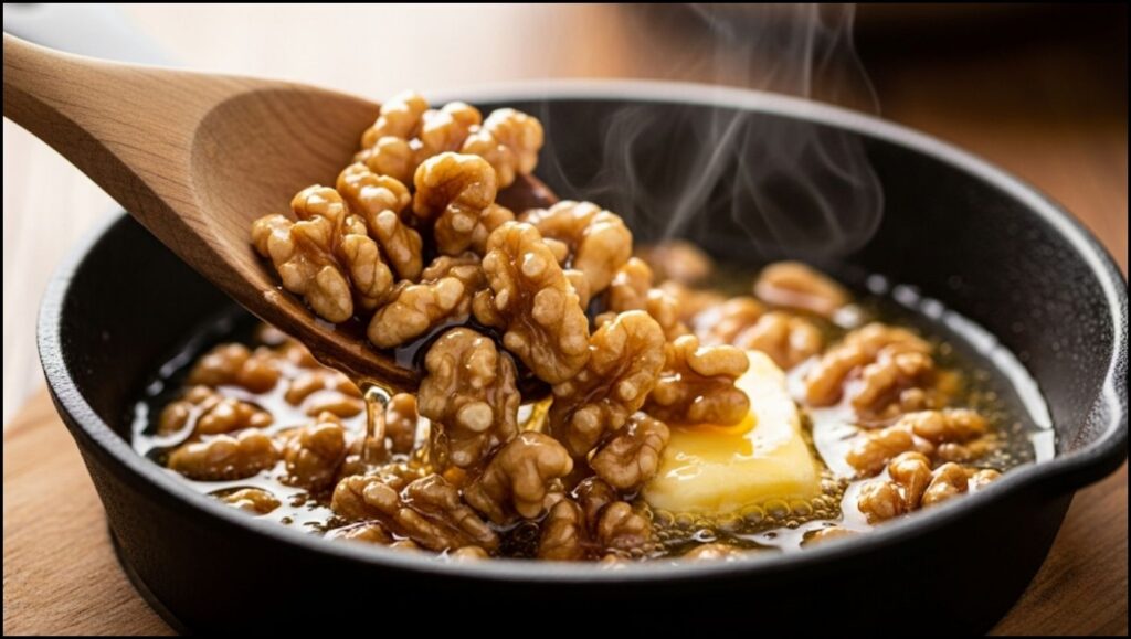 walnuts being tossed in a glistening honey and butter mixture