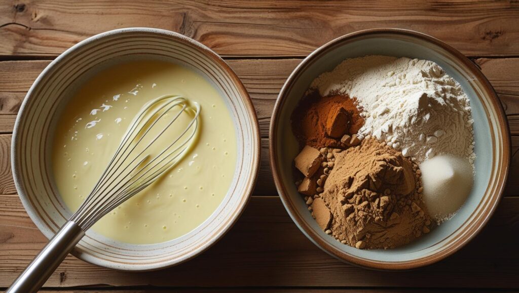 whisked wet ingredients and combined dry ingredients