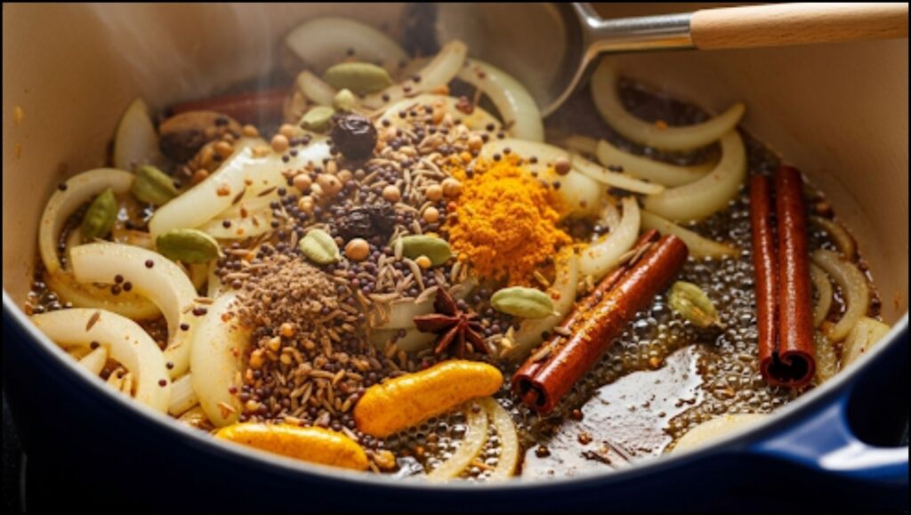 Aromatic spices and onions sizzling