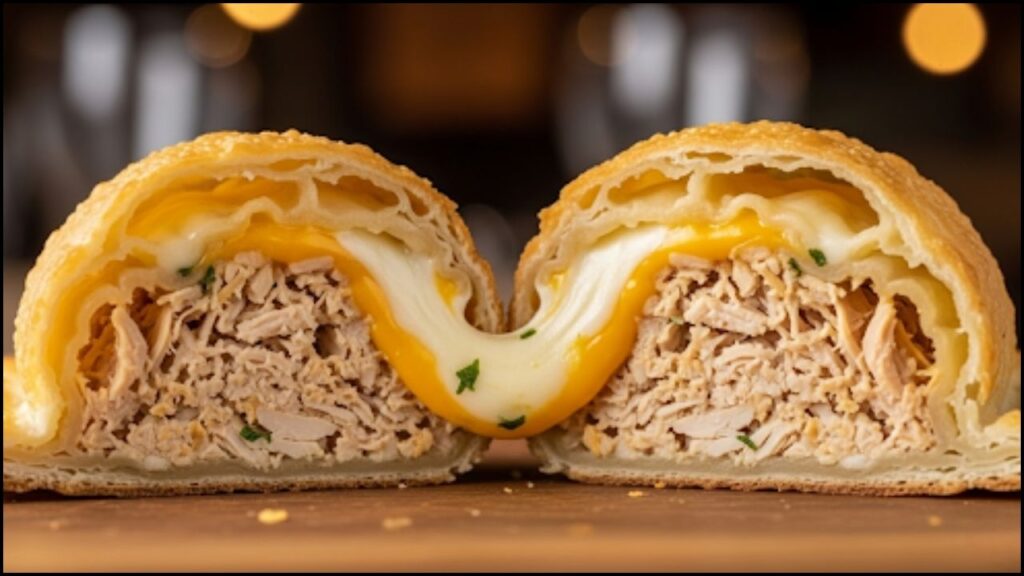 Cheesy Chicken Crispanada cut in half