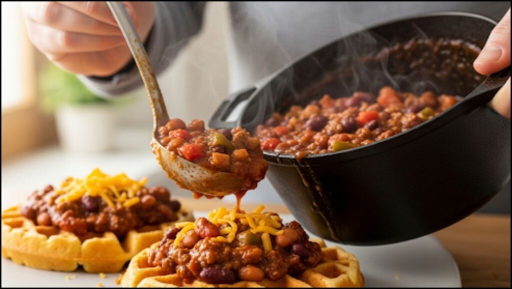 Chili and Cornbread Waffle Stacks Ready to Eat