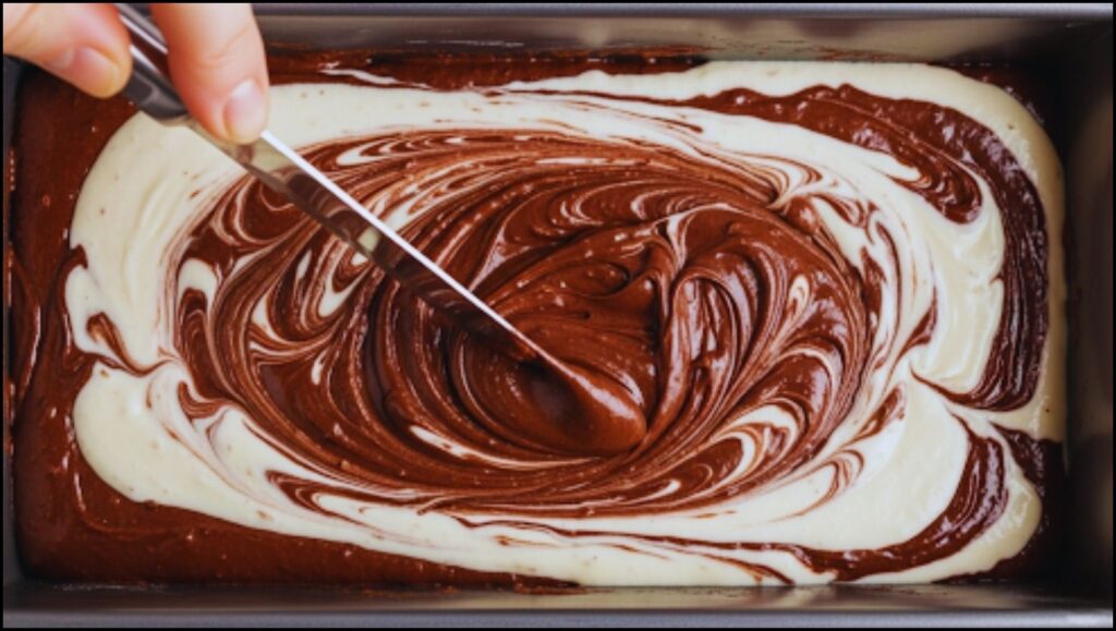 Chocolate & Sweet Cream Marble Loaf batter being swirled