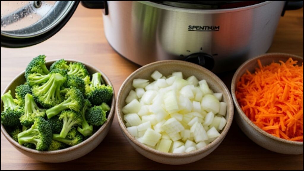 Chopped broccoli florets, diced onion, and shredded carrots