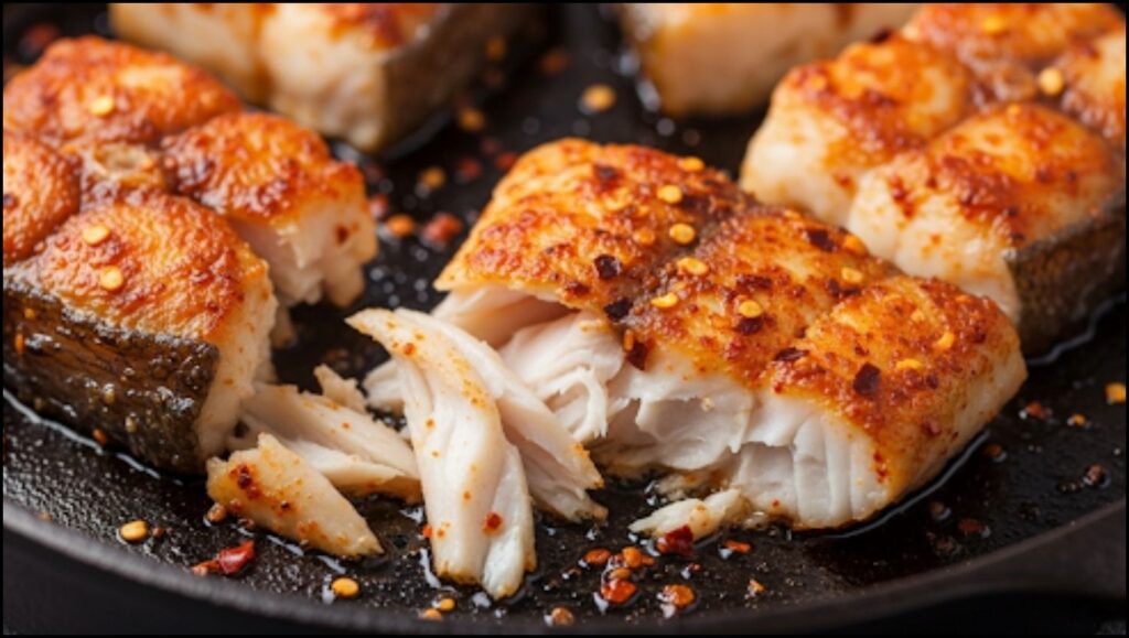 Cooked flaky spicy fish pieces in a skillet