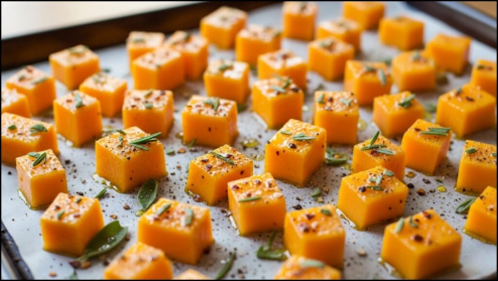 Cubed butternut squash tossed with olive oil