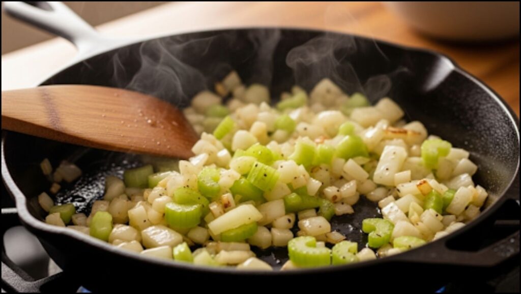 Diced onions and celery sautéing