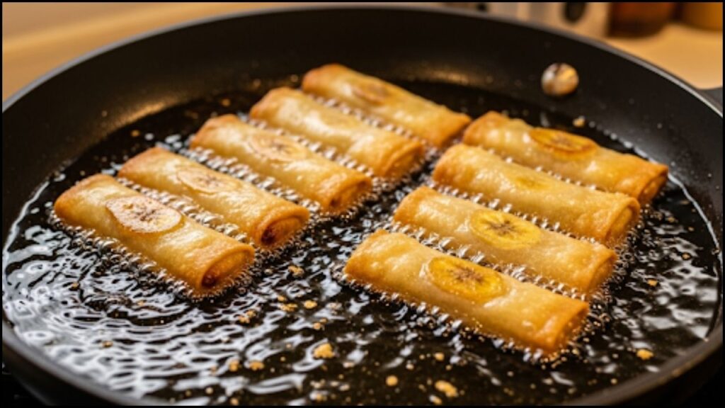 Golden brown Banana Lumpia frying