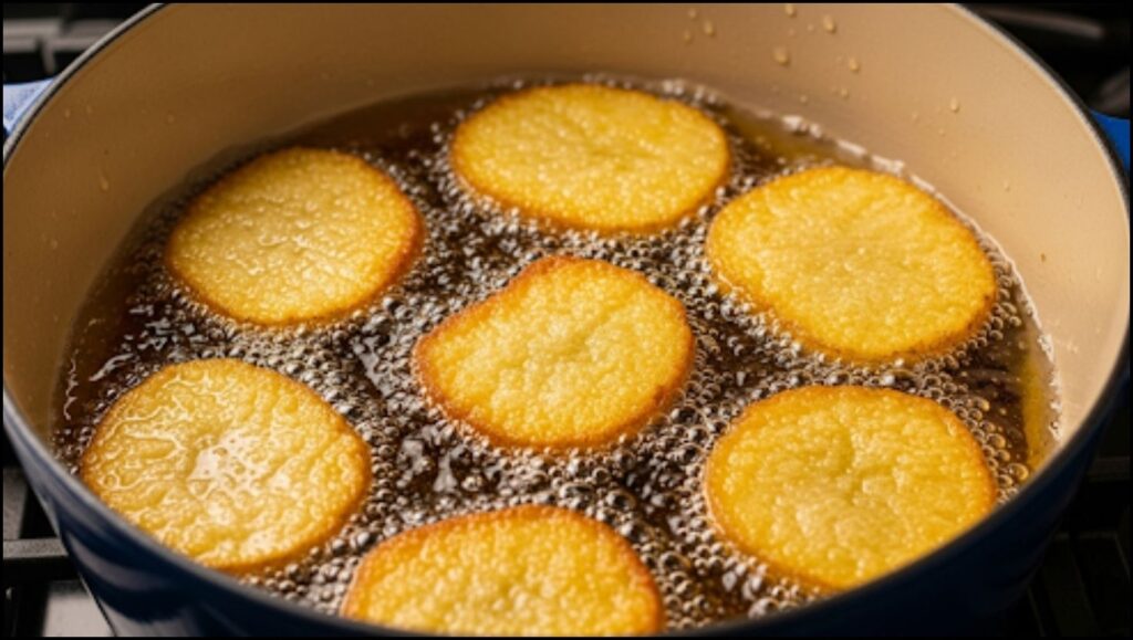 Golden brown crispy potato mojos frying