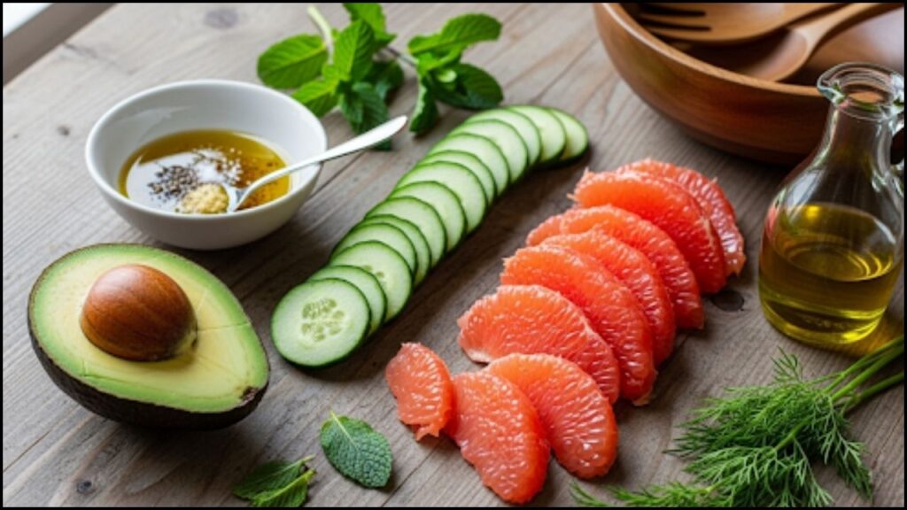 Ingredients for Avocado Cucumber Grapefruit Salad