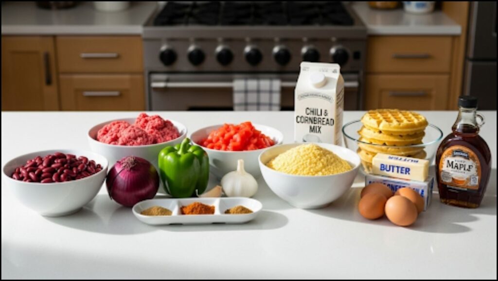 Ingredients for Chili and Cornbread Waffle Stacks