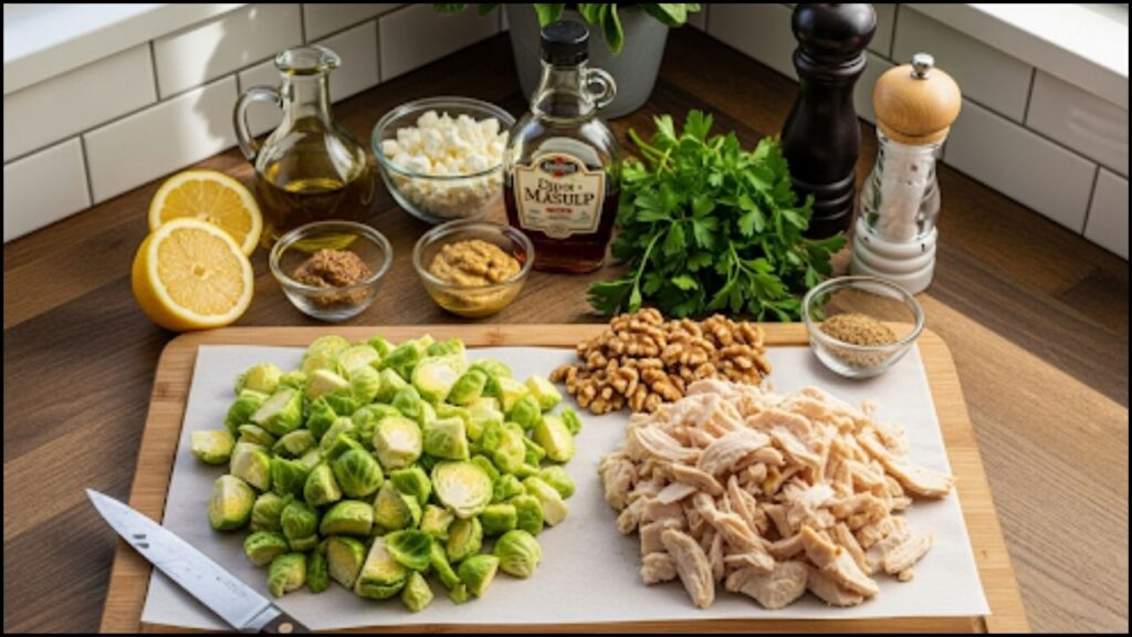 Ingredients for Chopped Brussels Sprout Salad with Chicken and Walnuts
