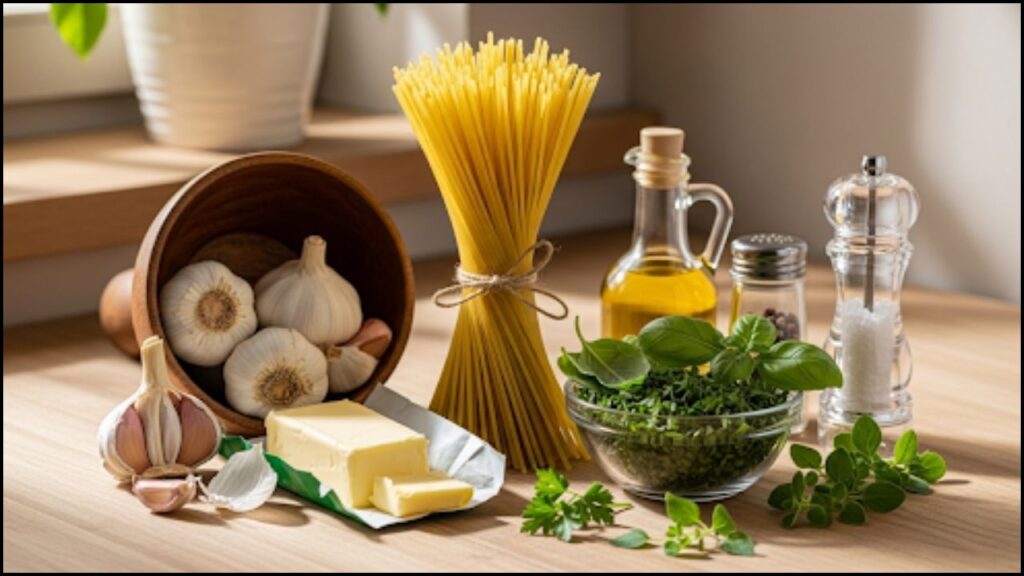 Ingredients for Garlic Butter Spaghetti with Herbs