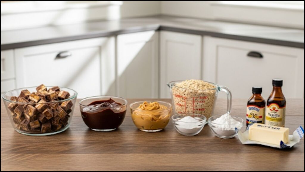 Ingredients for No-Bake Dark Chocolate Snickers Cookies