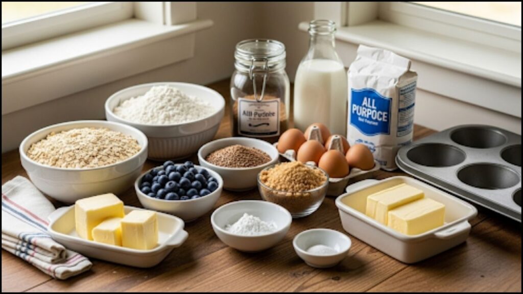Ingredients for Oatmeal Flax Blueberry Muffins