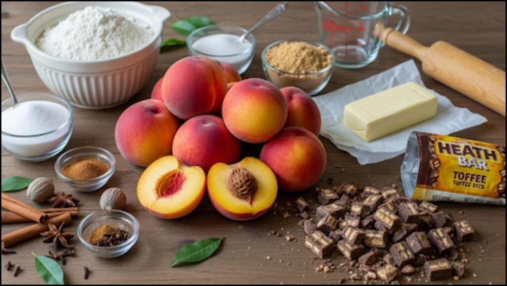 Ingredients for Peach Pie with Heath Bar Crumb Topping