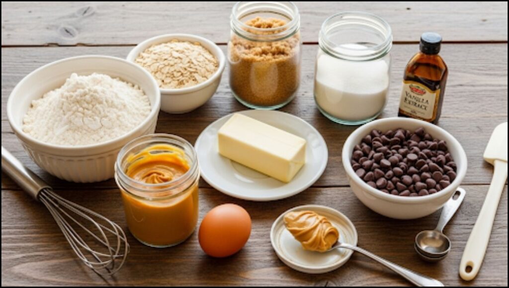 Ingredients for Peanut Butter Oatmeal Chocolate Chip Cookies