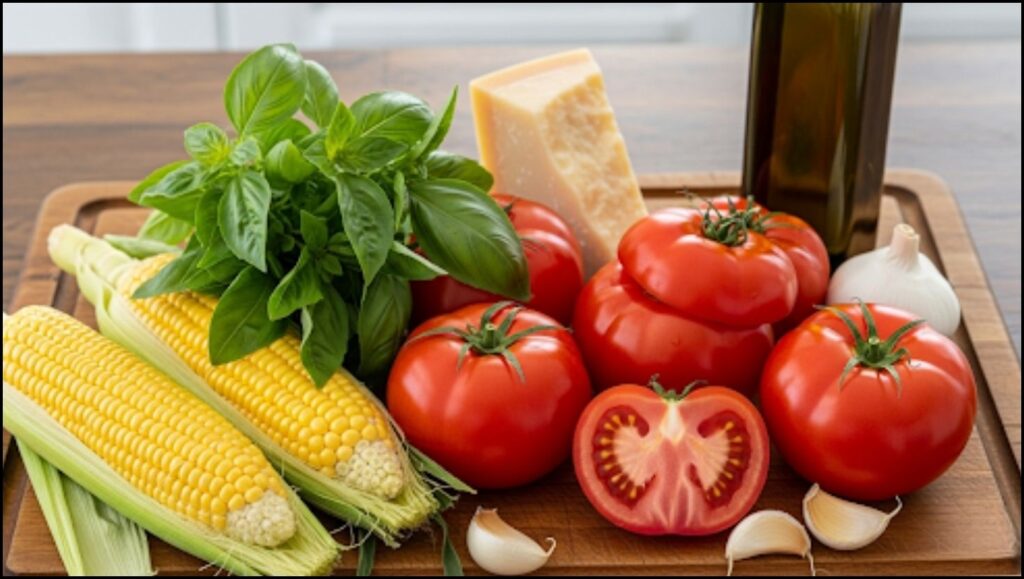 Ingredients for Roasted Corn and Basil Stuffed Tomatoes